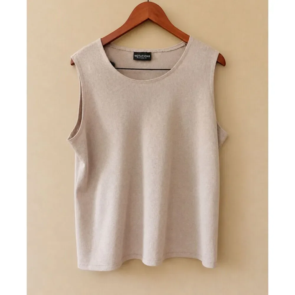 NOTATIONS Beige Knit Sleeveless Blouse Shell Minimalist Quiet Luxury Size XL